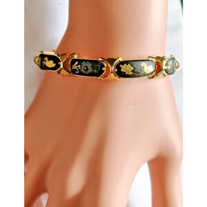 Vintage IA Signed Gold Inlaid Damascene Panels Bracelet Hinged Safety Chain